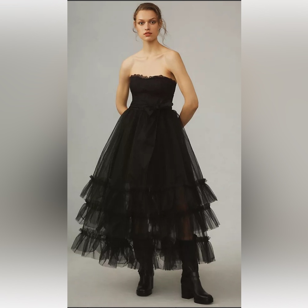 Anthropologie Pilcro black tulle strapless dress